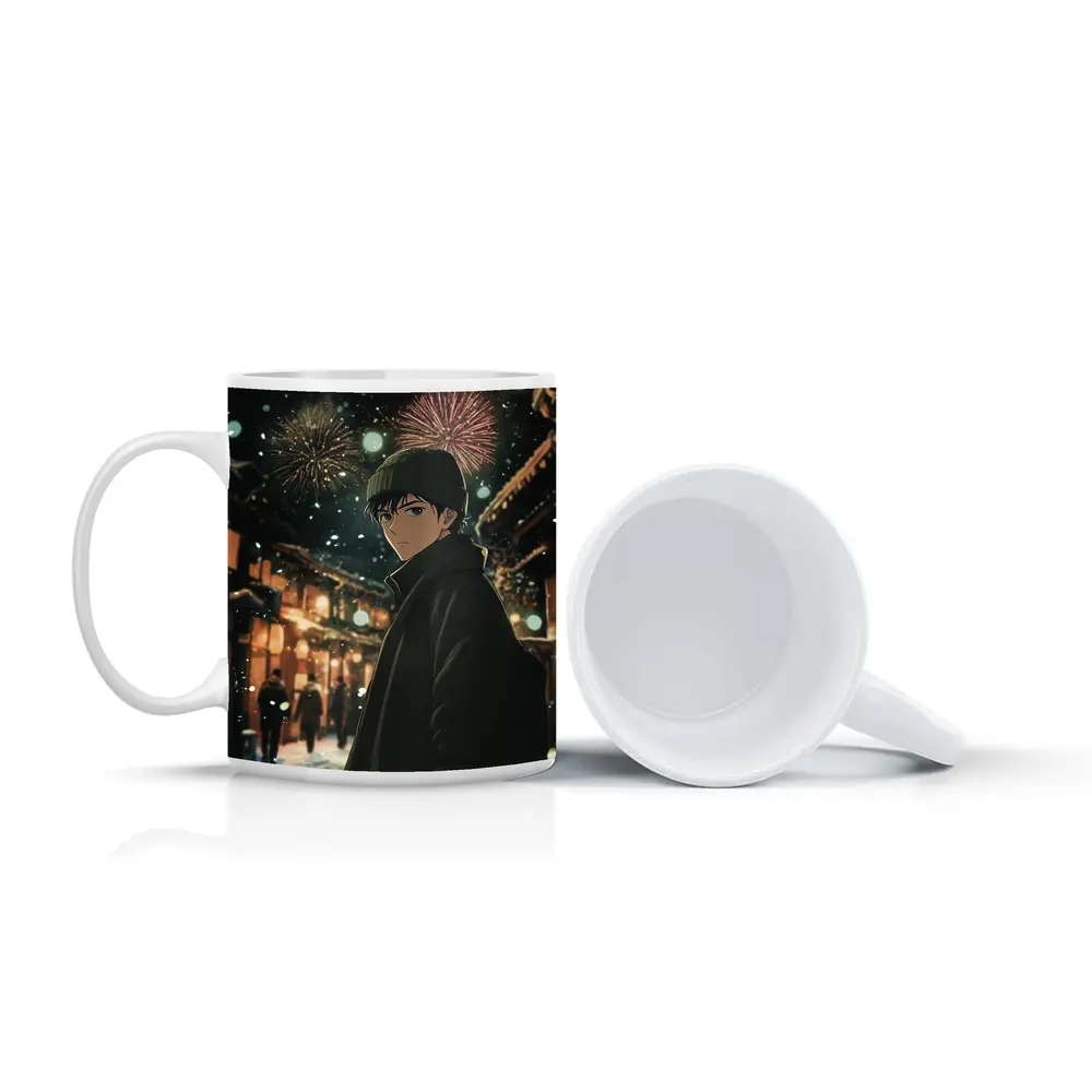 Anime Boy Winter Night Fireworks Street – Mugs