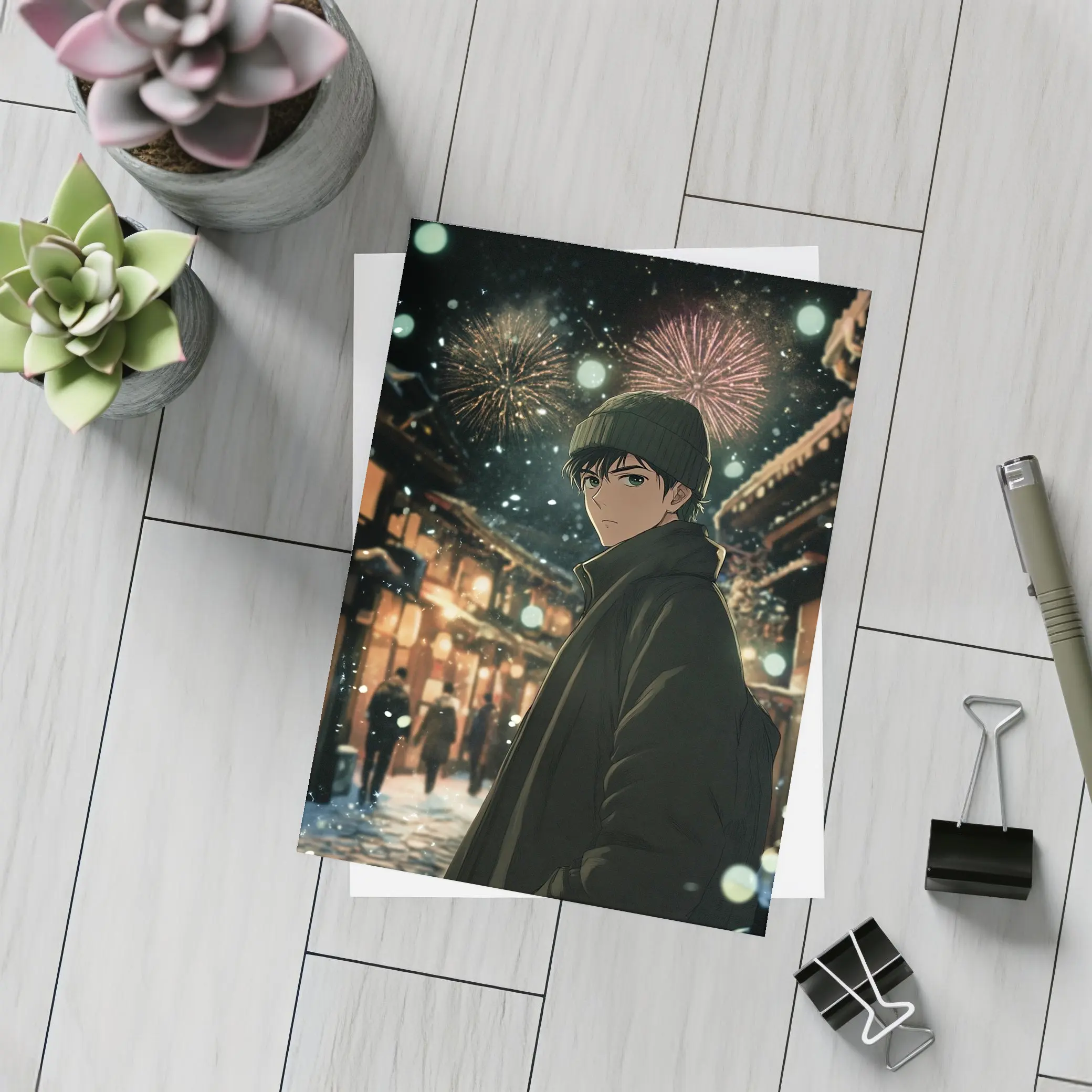 Anime Boy Winter Night Fireworks Street – Postcards