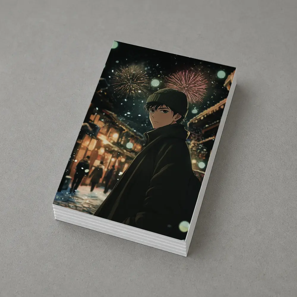 Anime Boy Winter Night Fireworks Street – Postcards