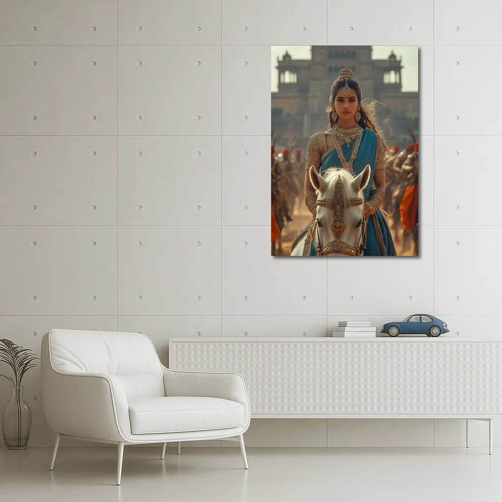 Indian Queen Riding White Horse Palace Background – Wall Art