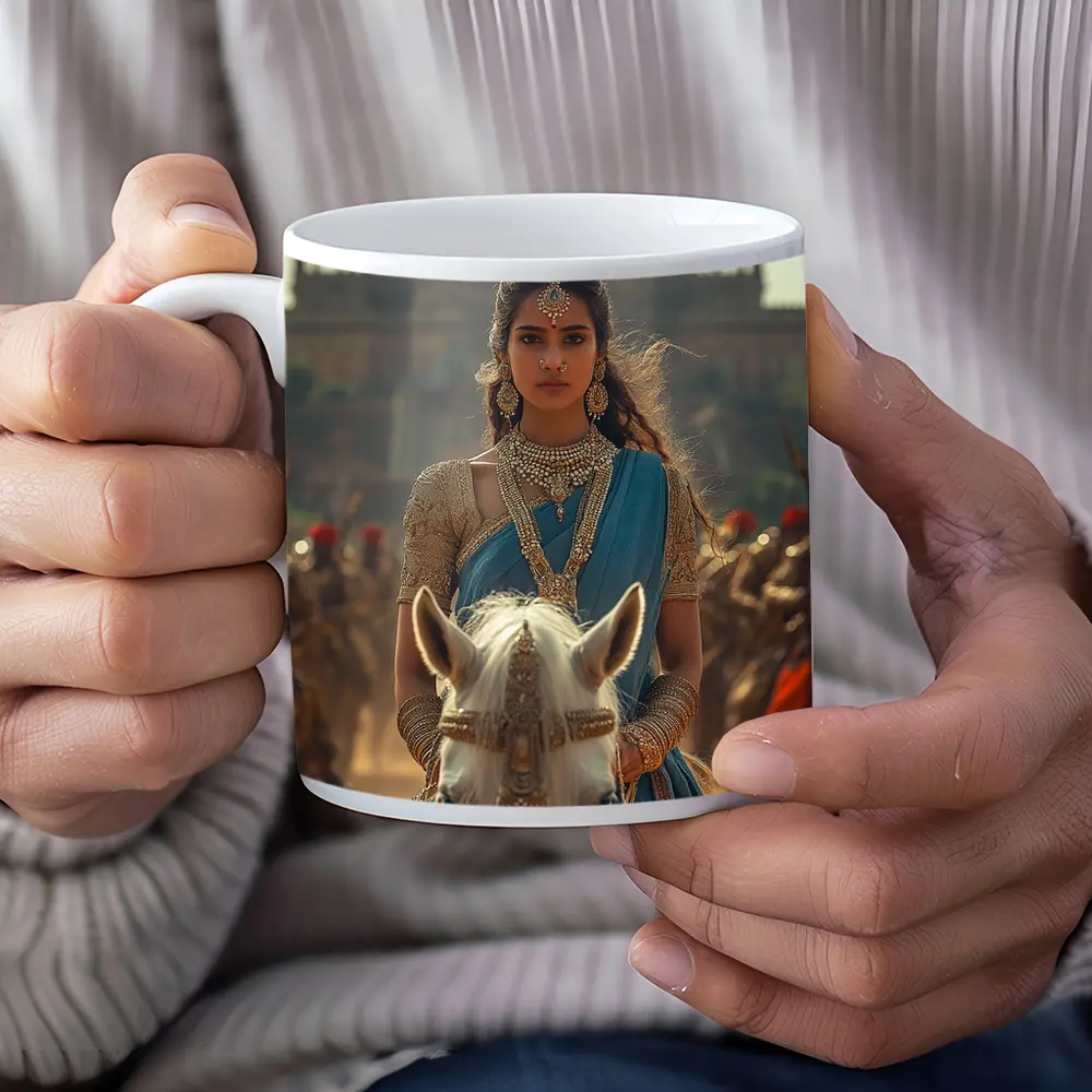 Indian Queen Riding White Horse Palace Background – Mugs