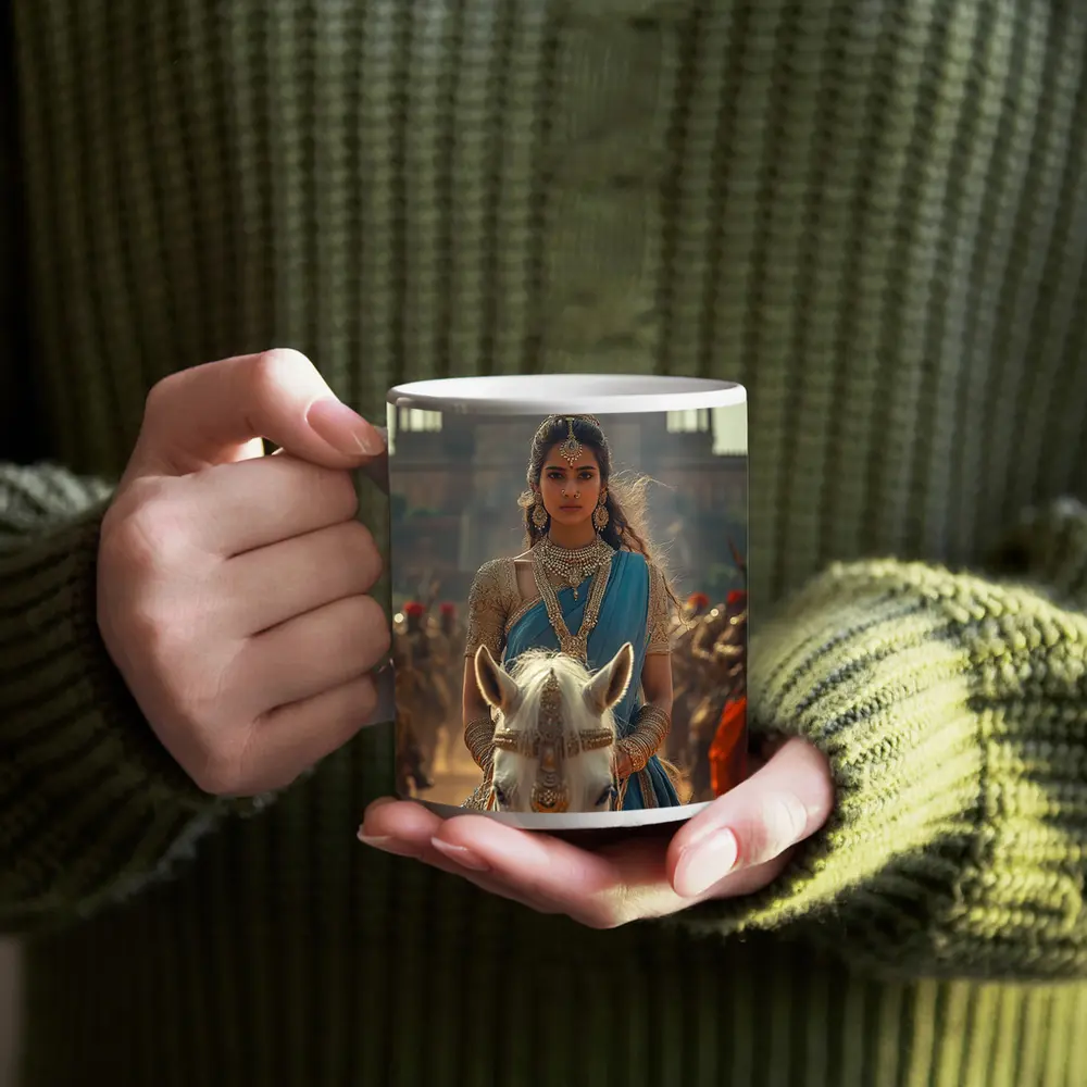 Indian Queen Riding White Horse Palace Background – Mugs