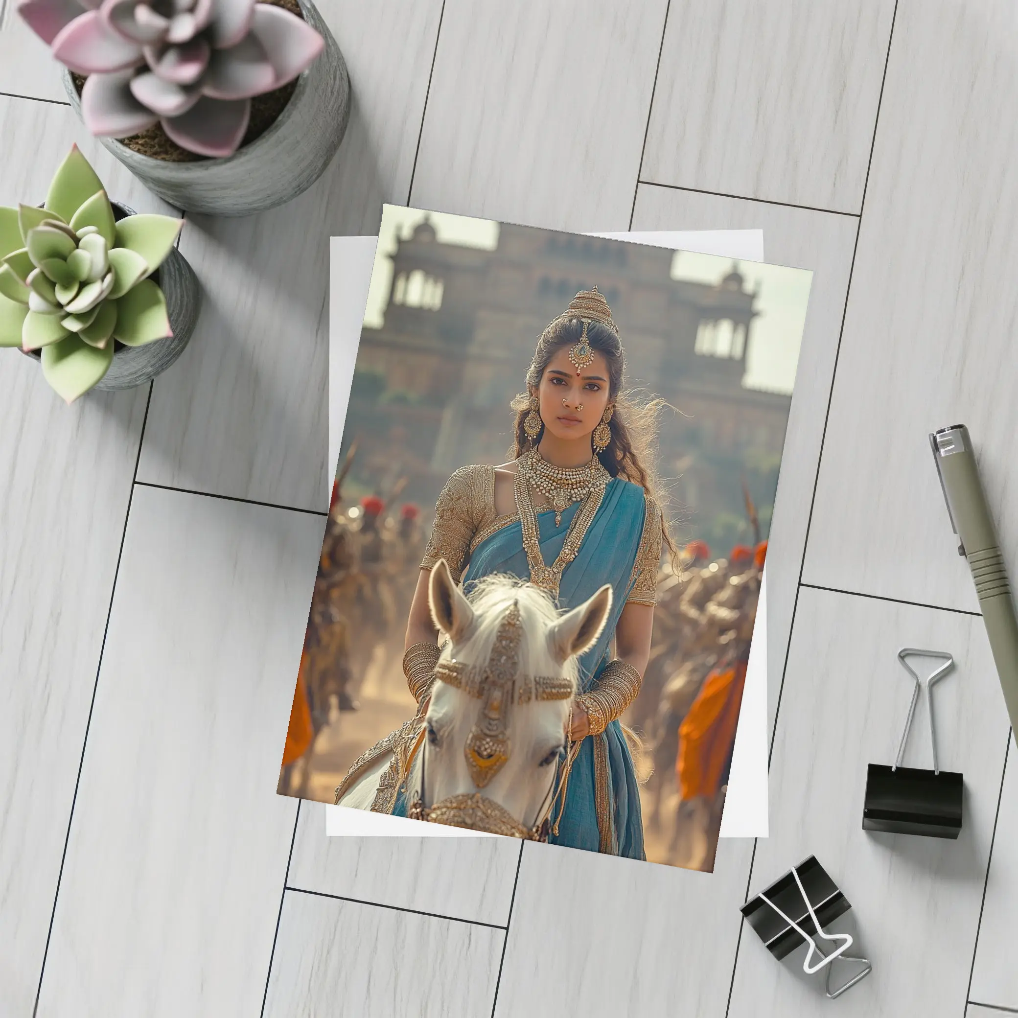 Indian Queen Riding White Horse Palace Background – Postcards