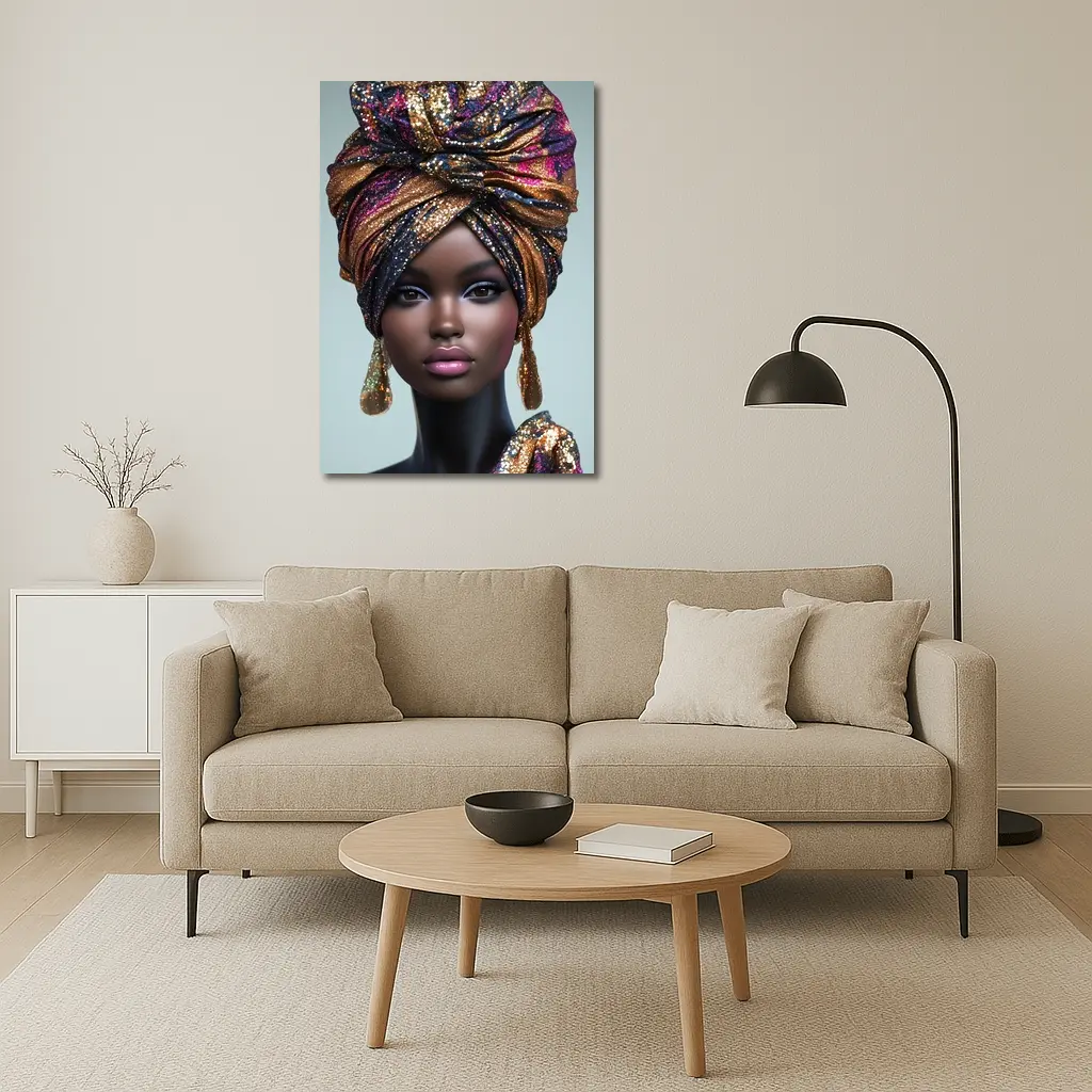 Black Woman Glitter Turban Portrait Gray Background – Wall Art