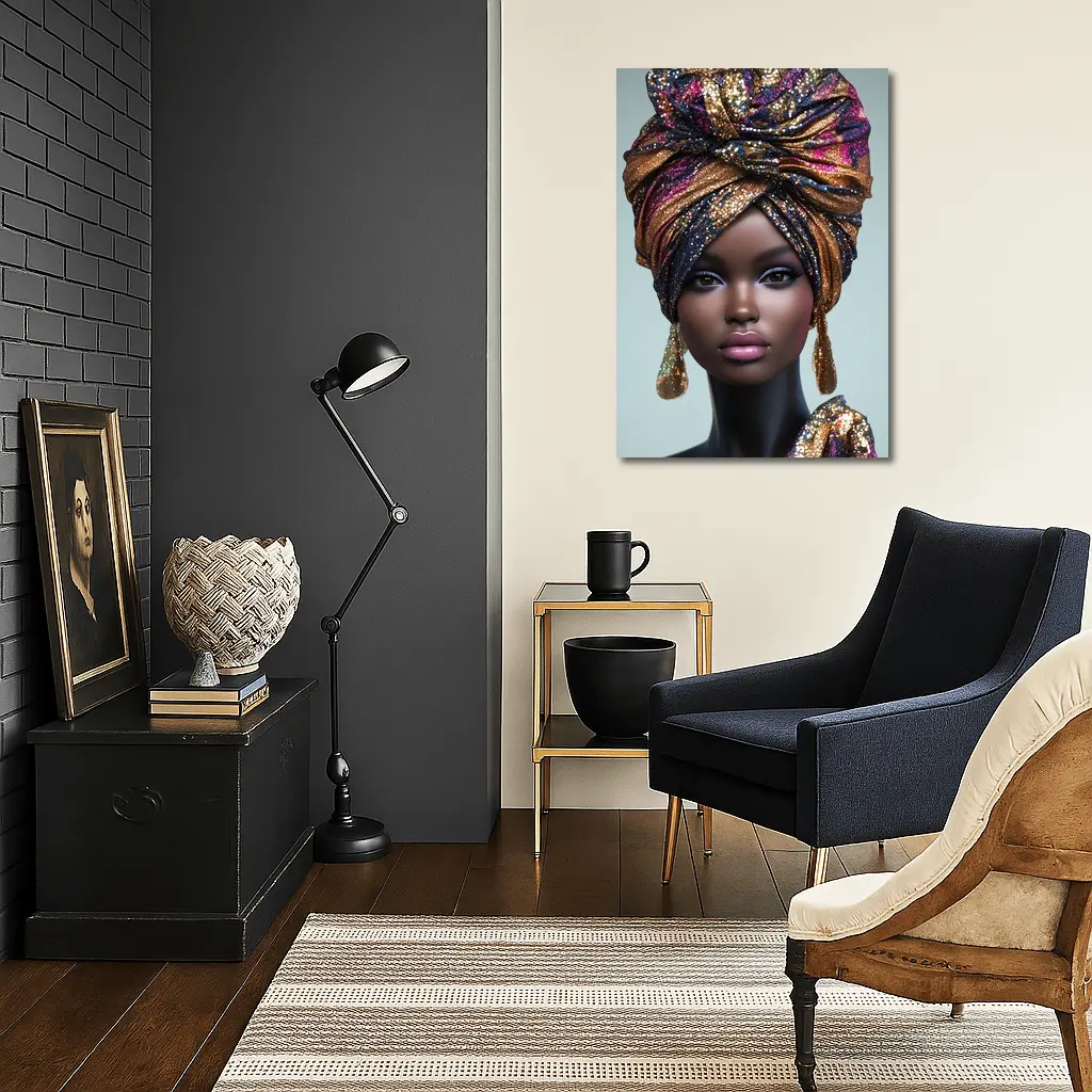 Black Woman Glitter Turban Portrait Gray Background – Wall Art