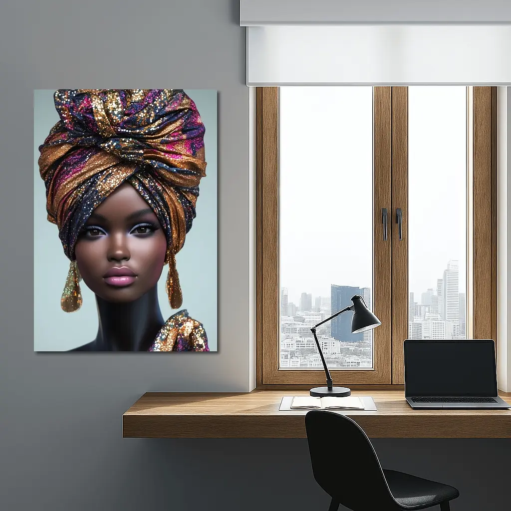 Black Woman Glitter Turban Portrait Gray Background – Wall Art