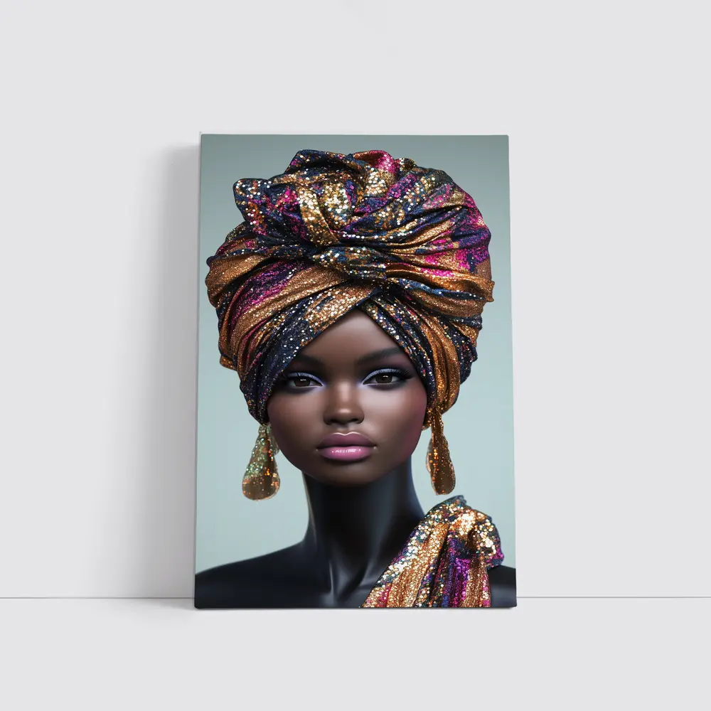 Black Woman Glitter Turban Portrait Gray Background – Wall Art