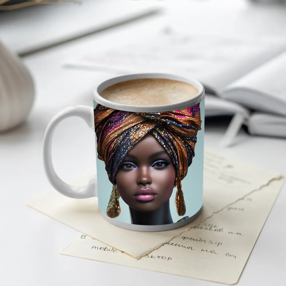 Black Woman Glitter Turban Portrait Gray Background – Mugs