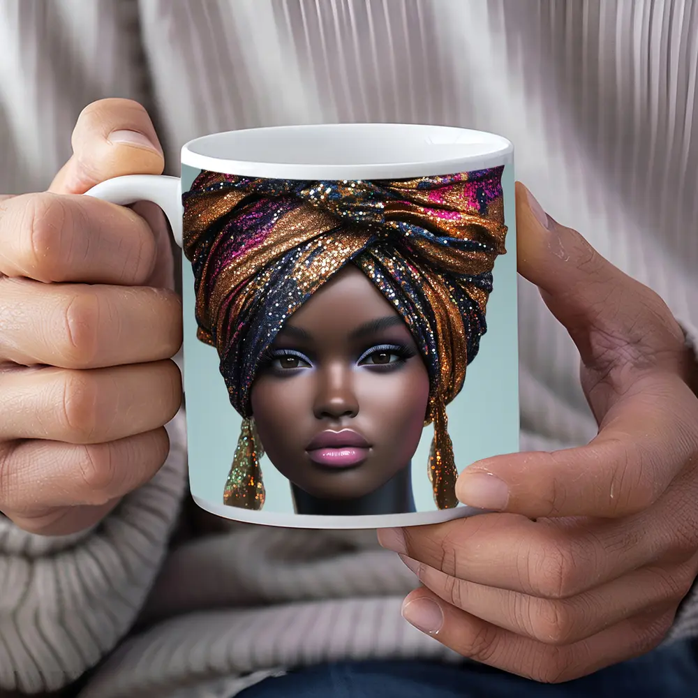 Black Woman Glitter Turban Portrait Gray Background – Mugs