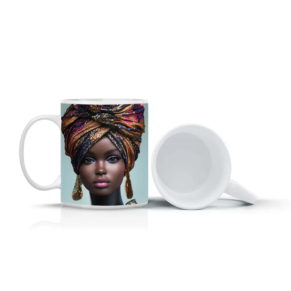 Black Woman Glitter Turban Portrait Gray Background – Mugs