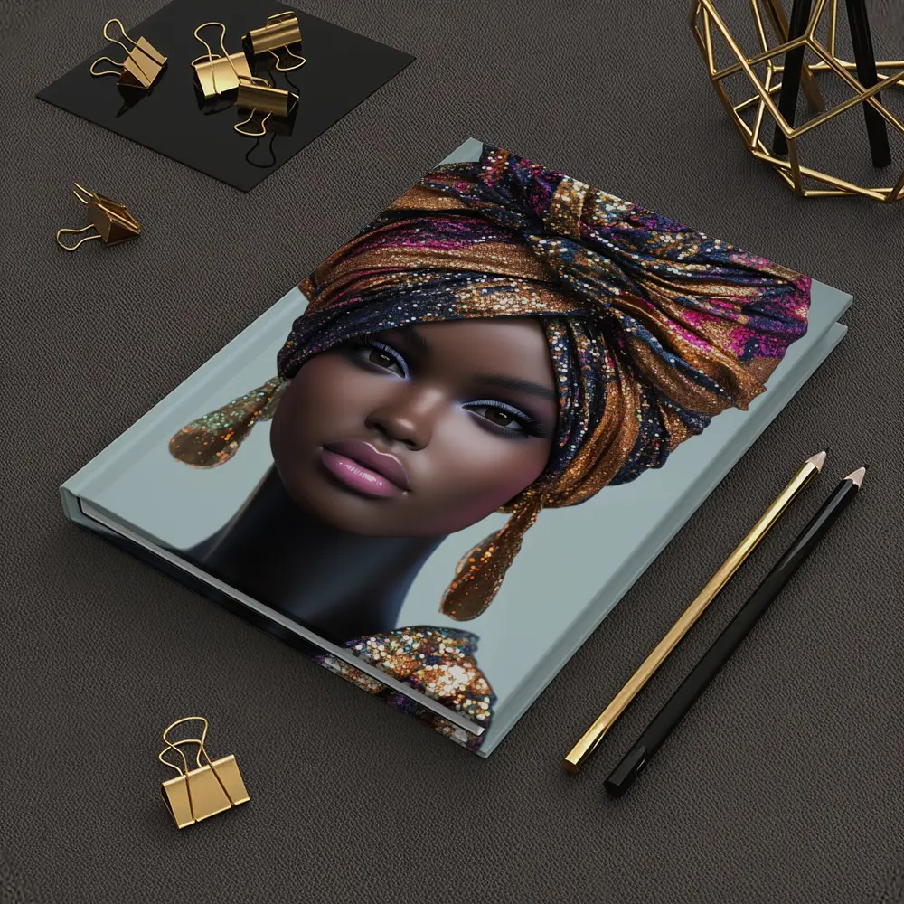 Black Woman Glitter Turban Portrait Gray Background – Notebooks