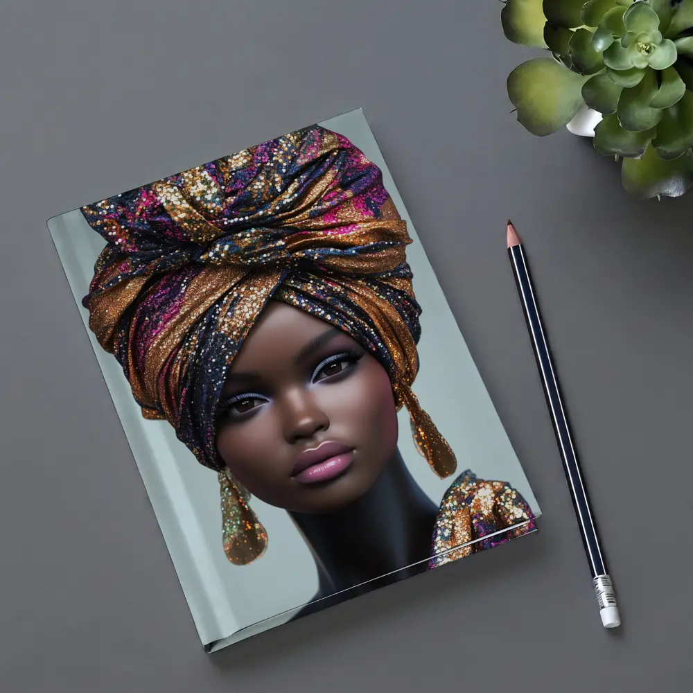 Black Woman Glitter Turban Portrait Gray Background – Notebooks