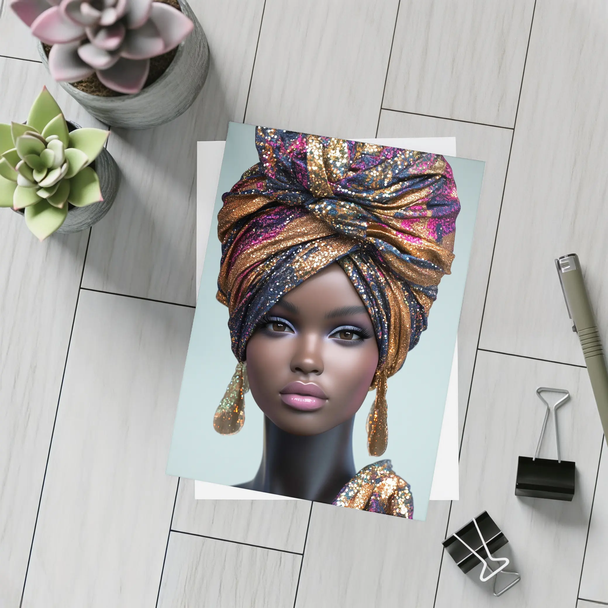 Black Woman Glitter Turban Portrait Gray Background – Postcards