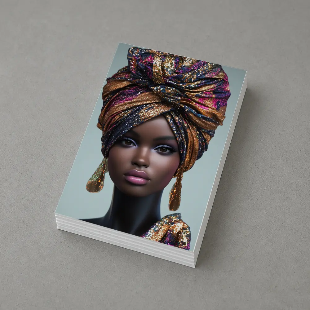 Black Woman Glitter Turban Portrait Gray Background – Postcards