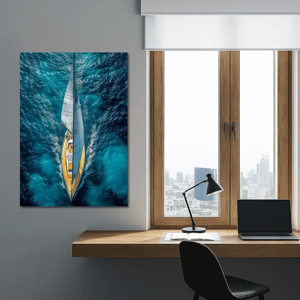 Aerial Sailboat Gliding Over Deep Blue Ocean – Wall Art