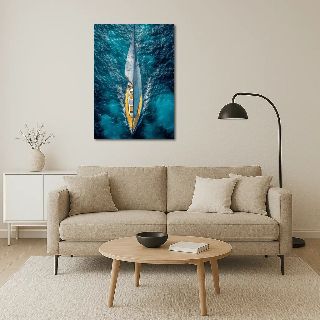 Aerial Sailboat Gliding Over Deep Blue Ocean – Wall Art