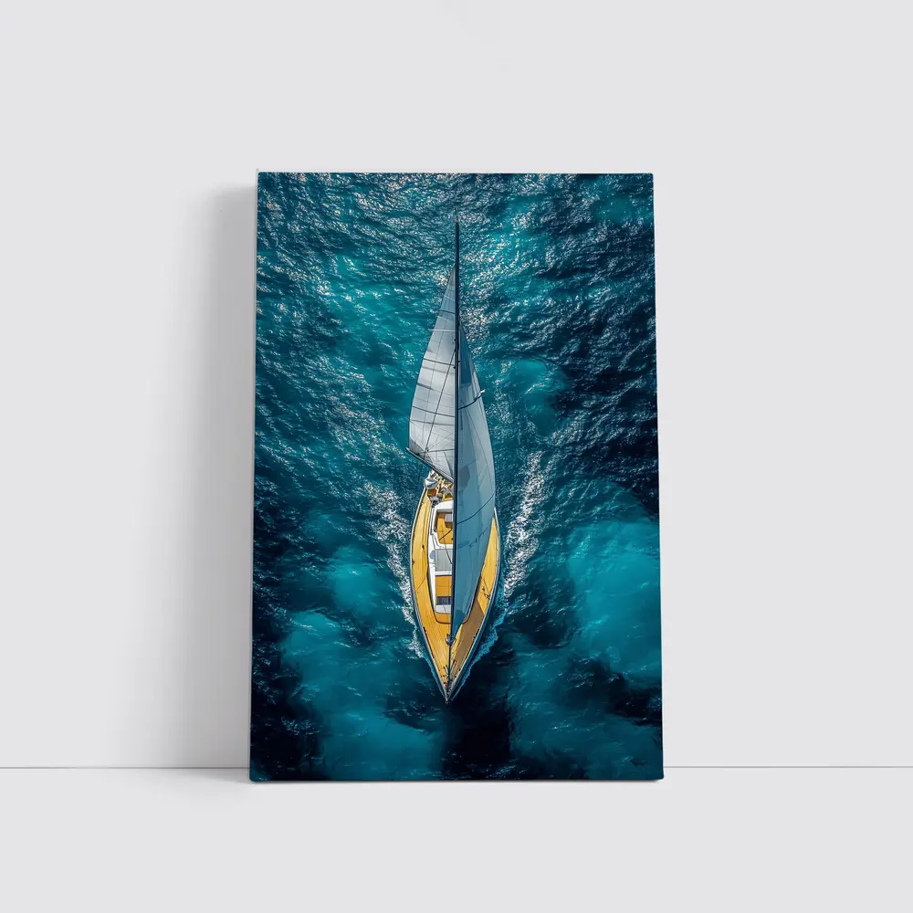 Aerial Sailboat Gliding Over Deep Blue Ocean – Wall Art