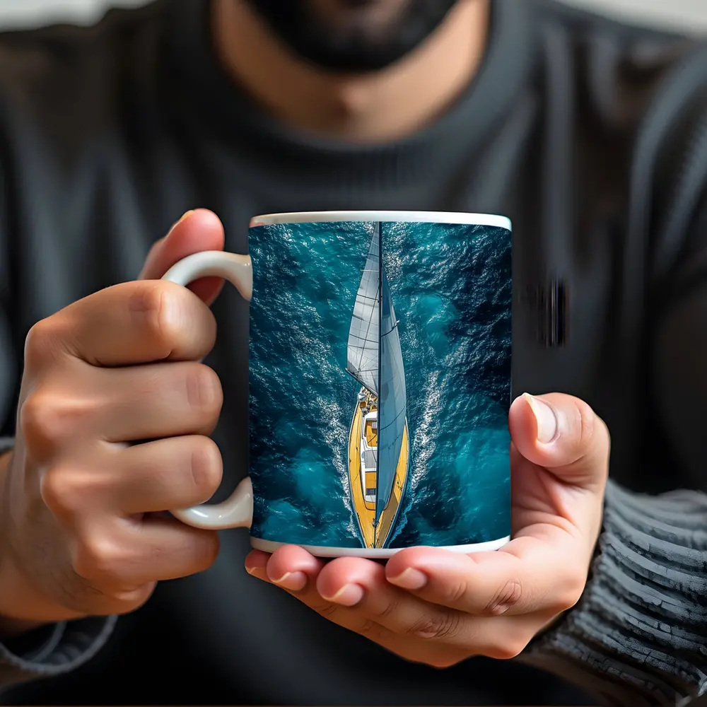 Aerial Sailboat Gliding Over Deep Blue Ocean – Mugs