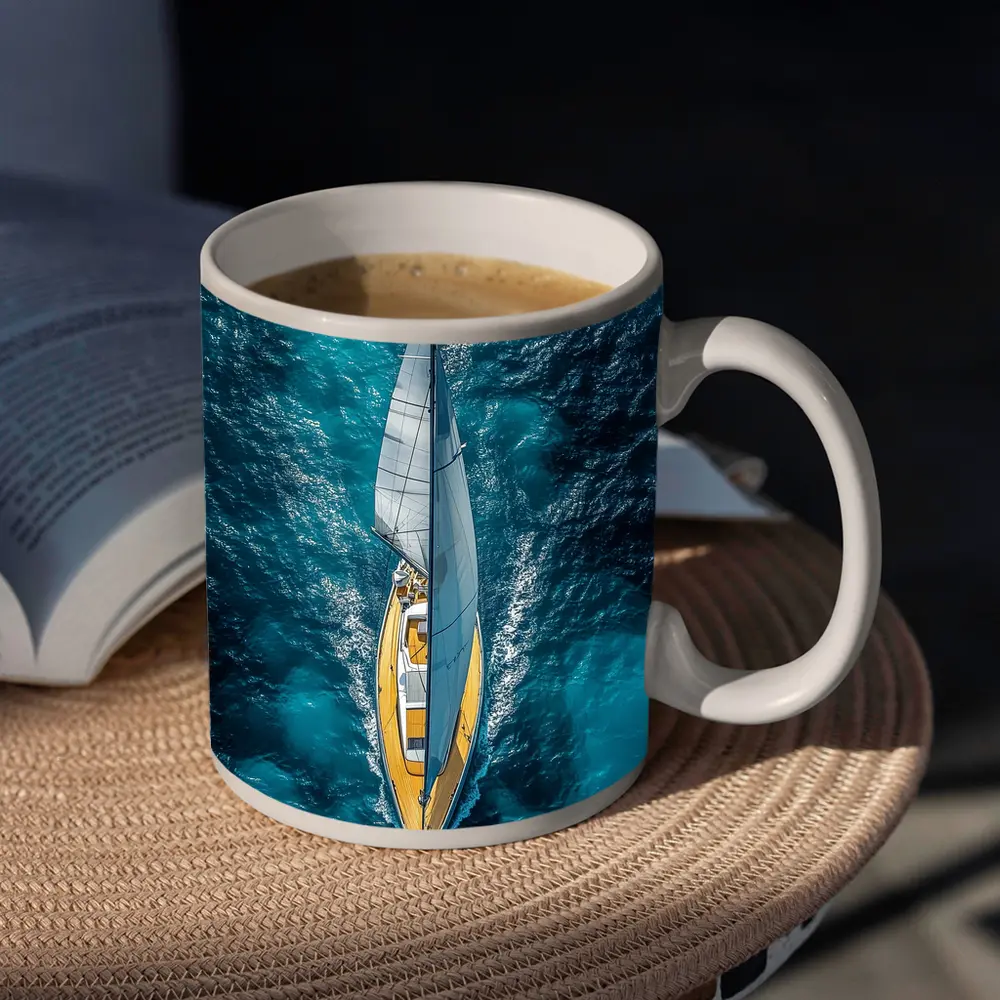 Aerial Sailboat Gliding Over Deep Blue Ocean – Mugs