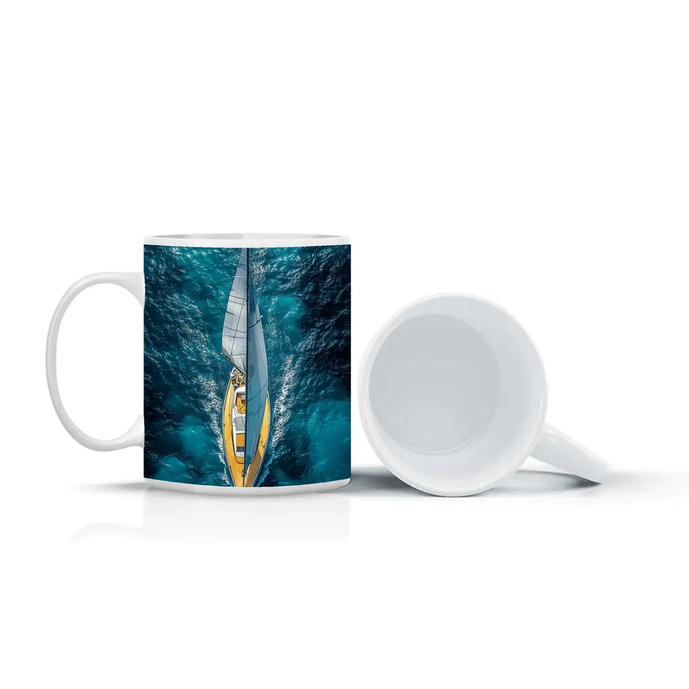 Aerial Sailboat Gliding Over Deep Blue Ocean – Mugs