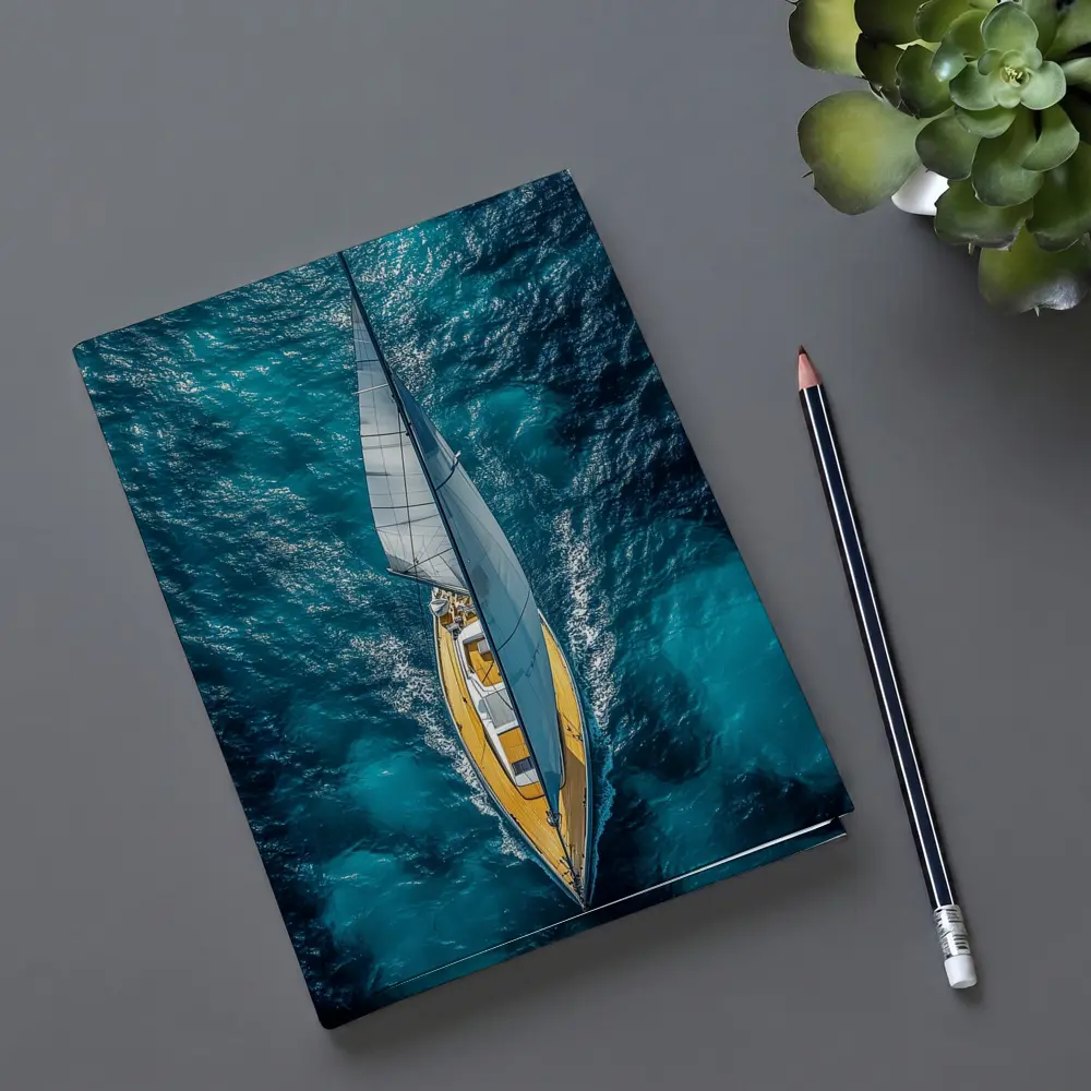 Aerial Sailboat Gliding Over Deep Blue Ocean – Notebooks