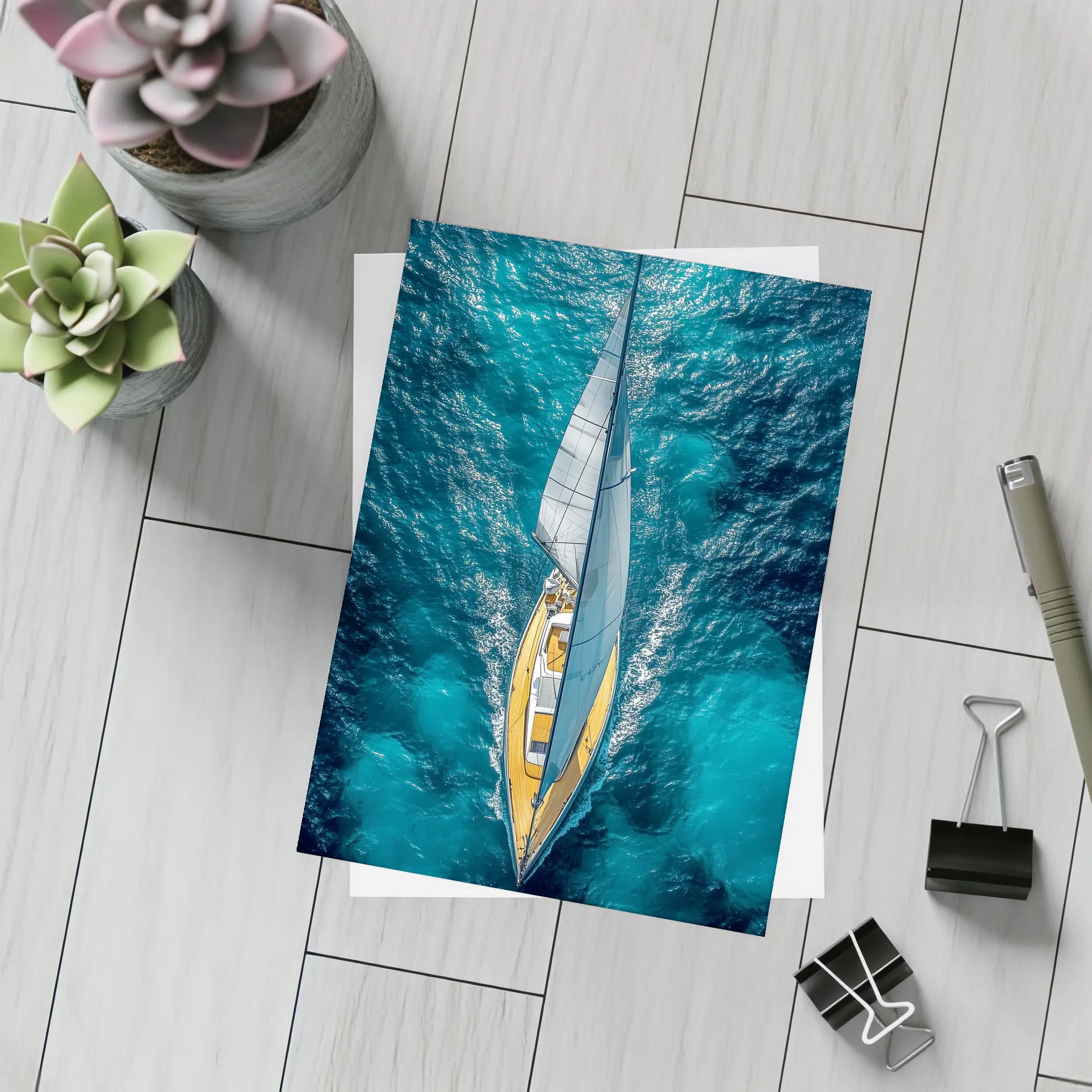 Aerial Sailboat Gliding Over Deep Blue Ocean – Postcards