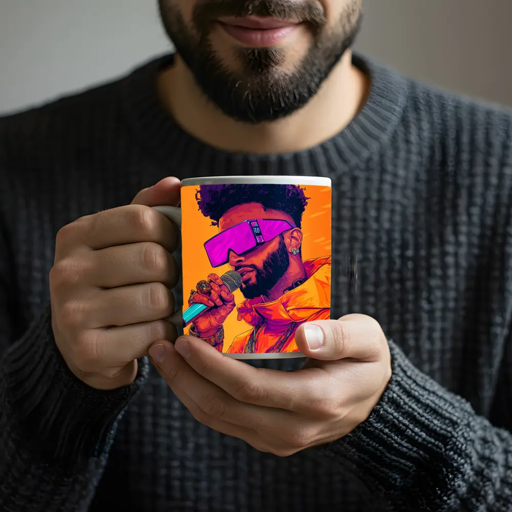 Hip Hop Singer Orange Jacket Illustration Art – Mugs