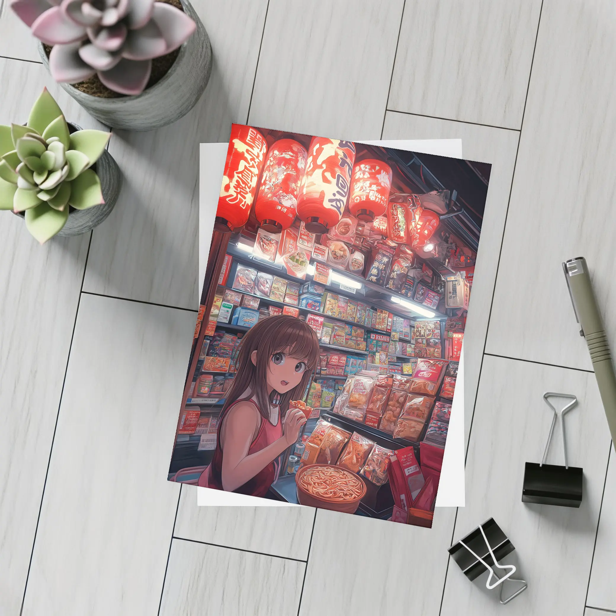 Anime Girl at Japanese Noodle Street Stall – Postcards