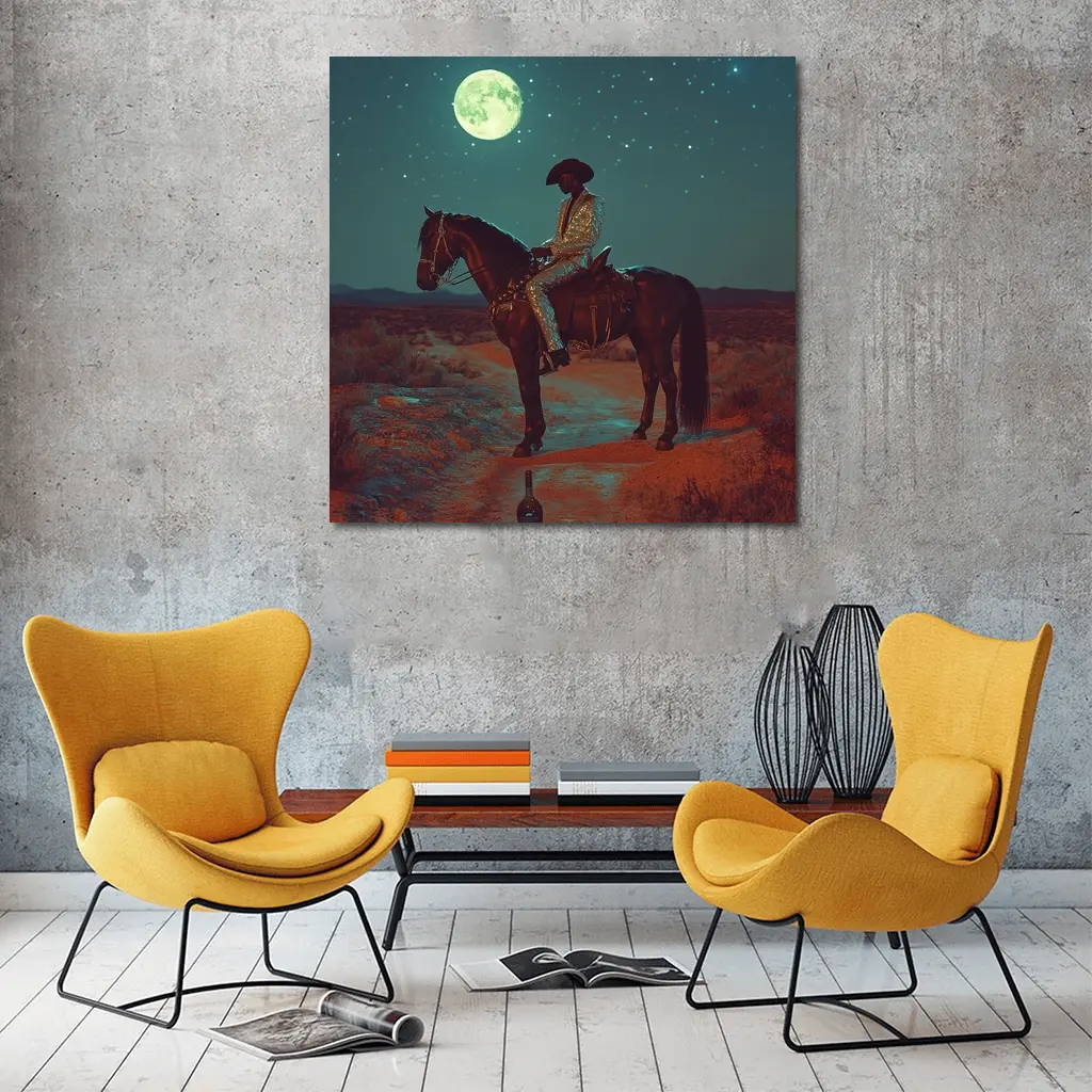 Cowboy on Horse Desert Moonlit Night – Wall Art
