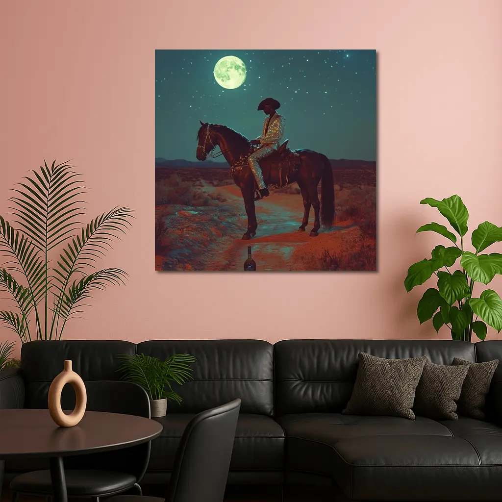 Cowboy on Horse Desert Moonlit Night – Wall Art