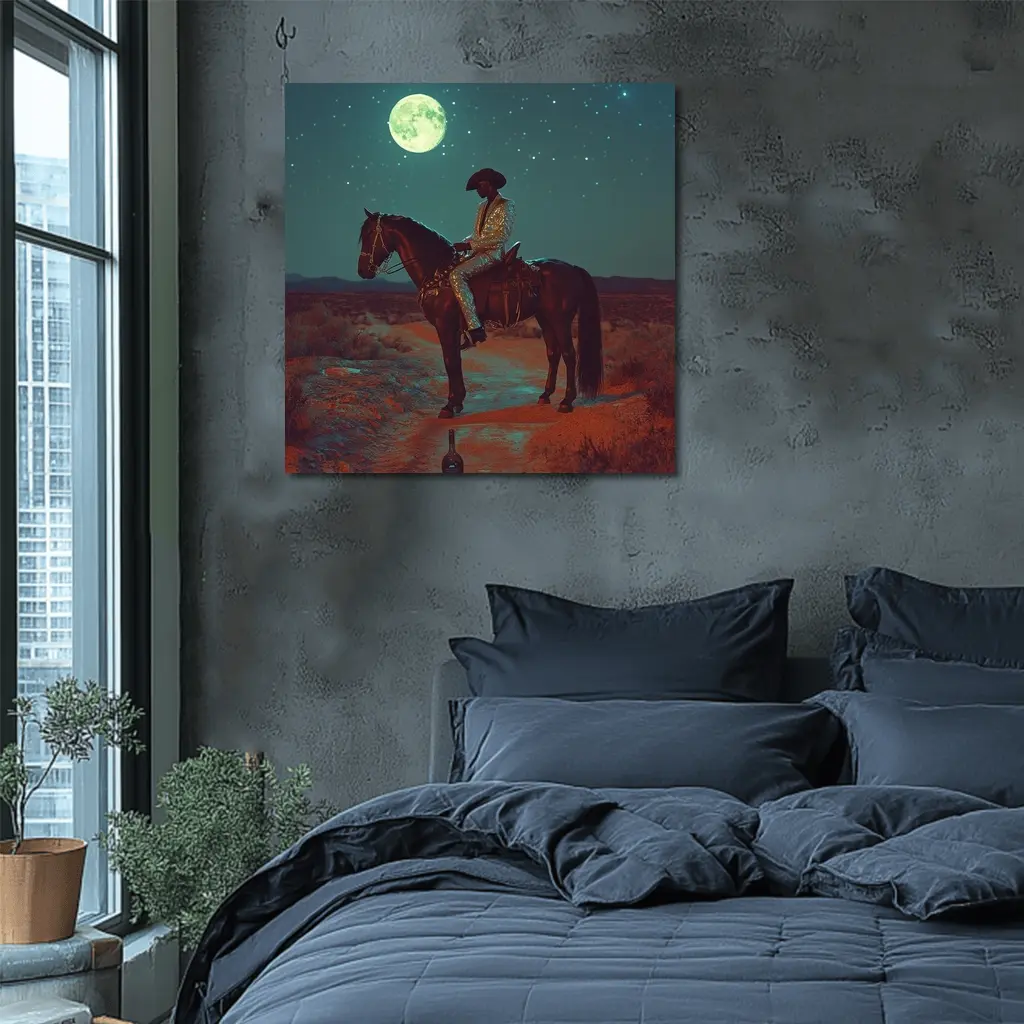 Cowboy on Horse Desert Moonlit Night – Wall Art