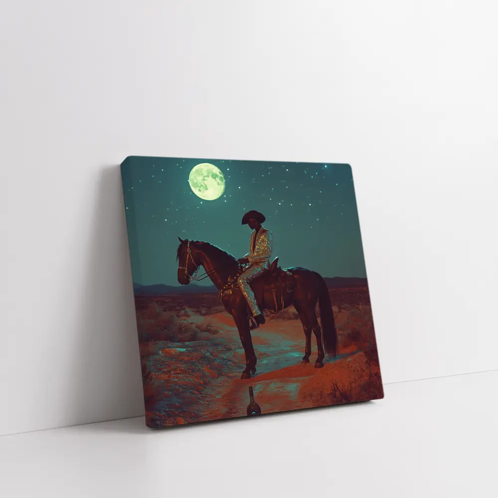 Cowboy on Horse Desert Moonlit Night – Wall Art
