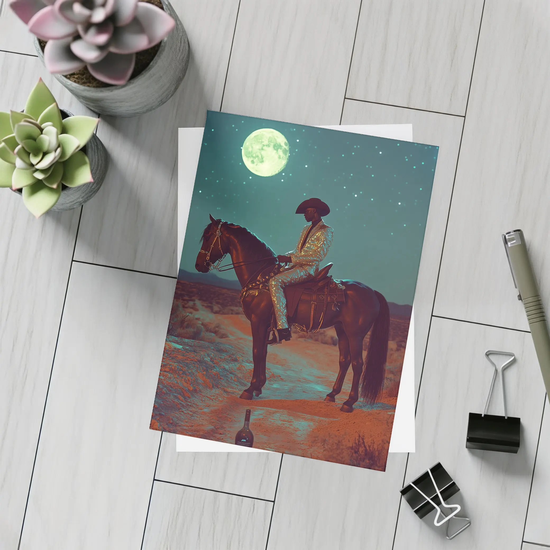 Cowboy on Horse Desert Moonlit Night – Postcards