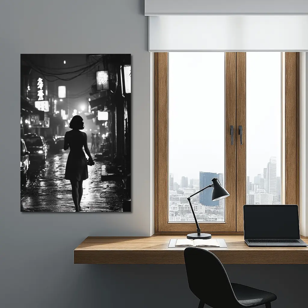 Woman Silhouette Rainy Asian City Night Street – Wall Art