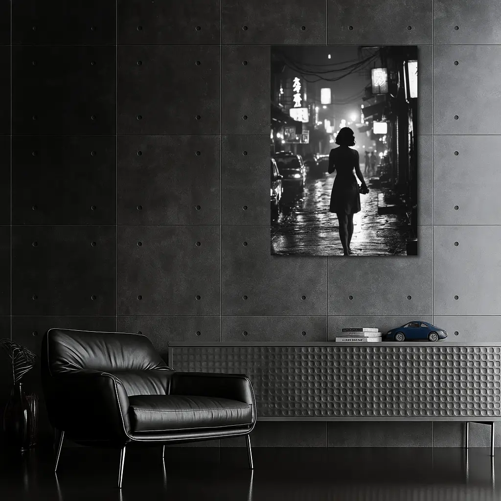 Woman Silhouette Rainy Asian City Night Street – Wall Art