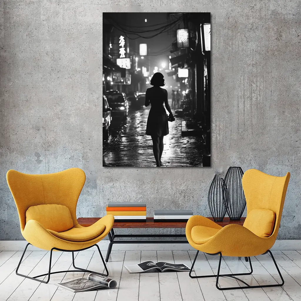 Woman Silhouette Rainy Asian City Night Street – Wall Art