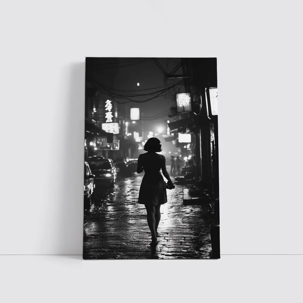 Woman Silhouette Rainy Asian City Night Street – Wall Art