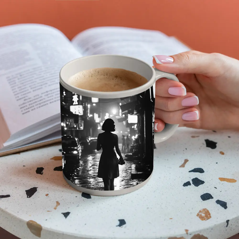 Woman Silhouette Rainy Asian City Night Street – Mugs