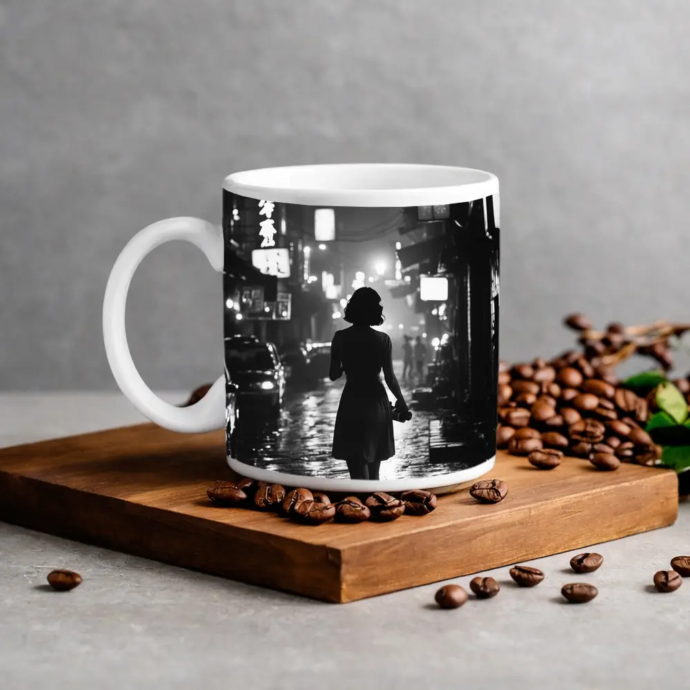 Woman Silhouette Rainy Asian City Night Street – Mugs