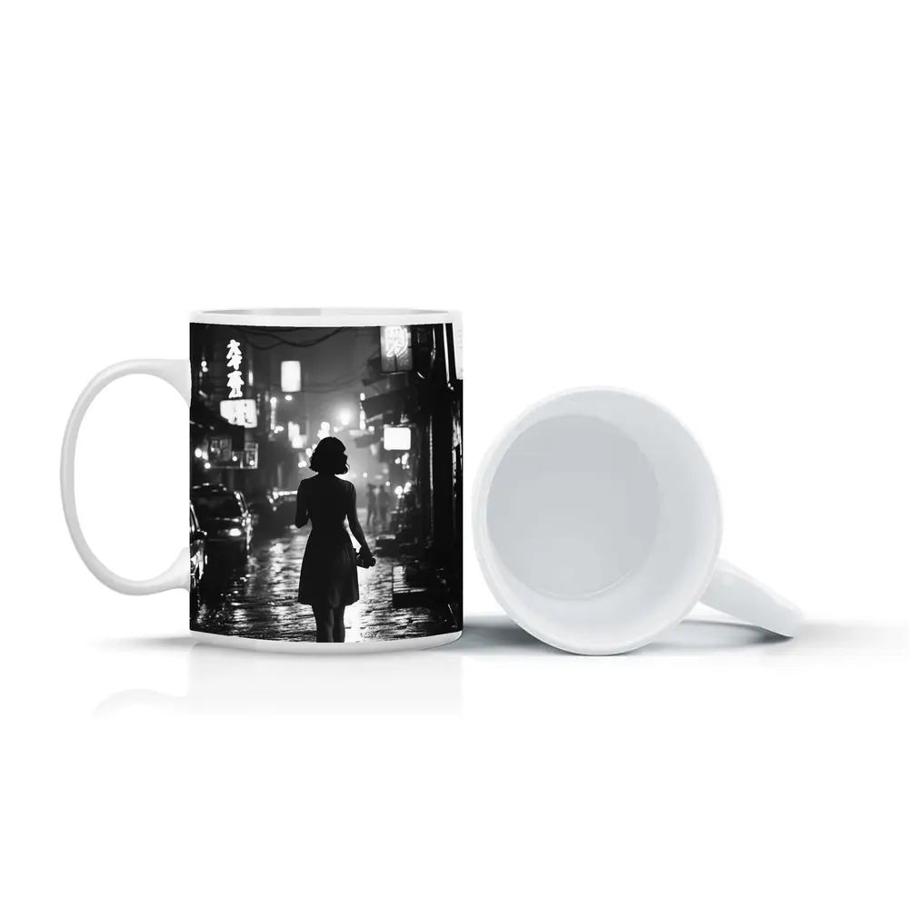 Woman Silhouette Rainy Asian City Night Street – Mugs