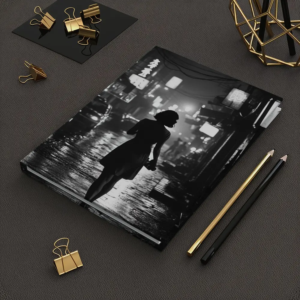 Woman Silhouette Rainy Asian City Night Street – Notebooks