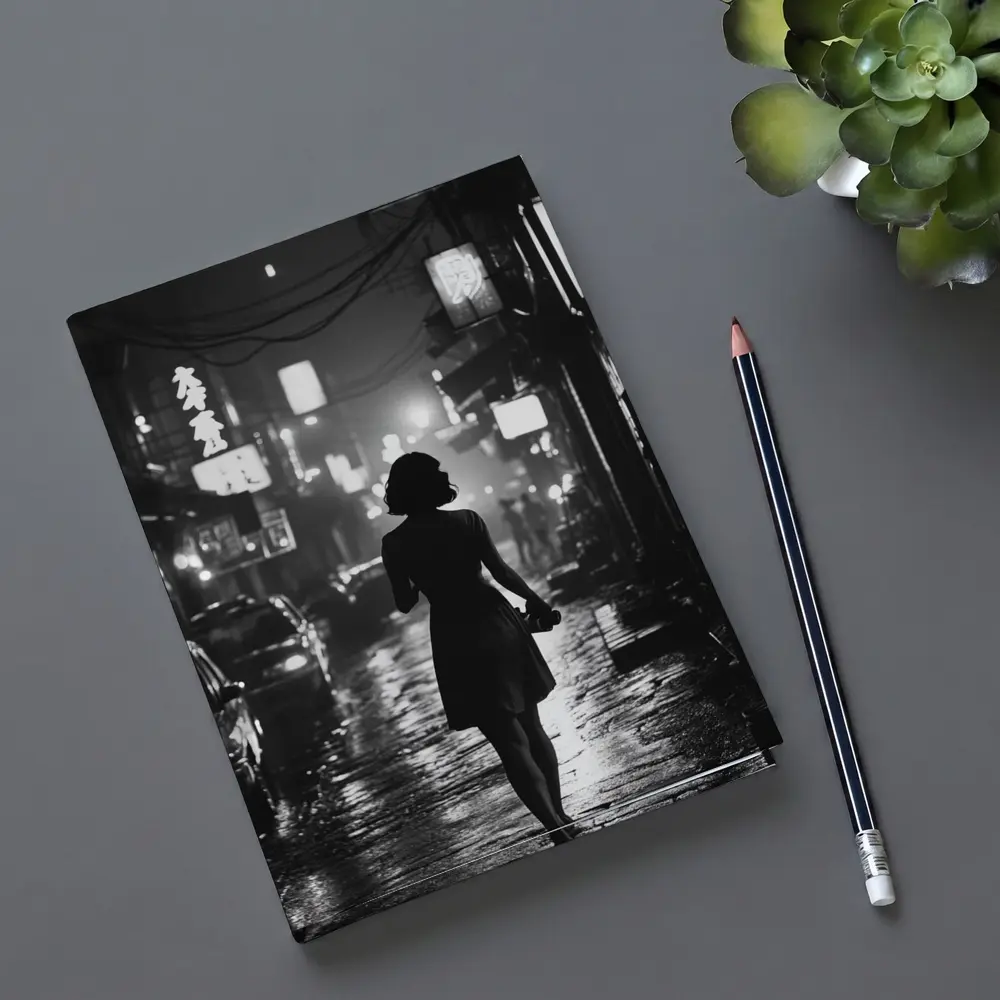 Woman Silhouette Rainy Asian City Night Street – Notebooks