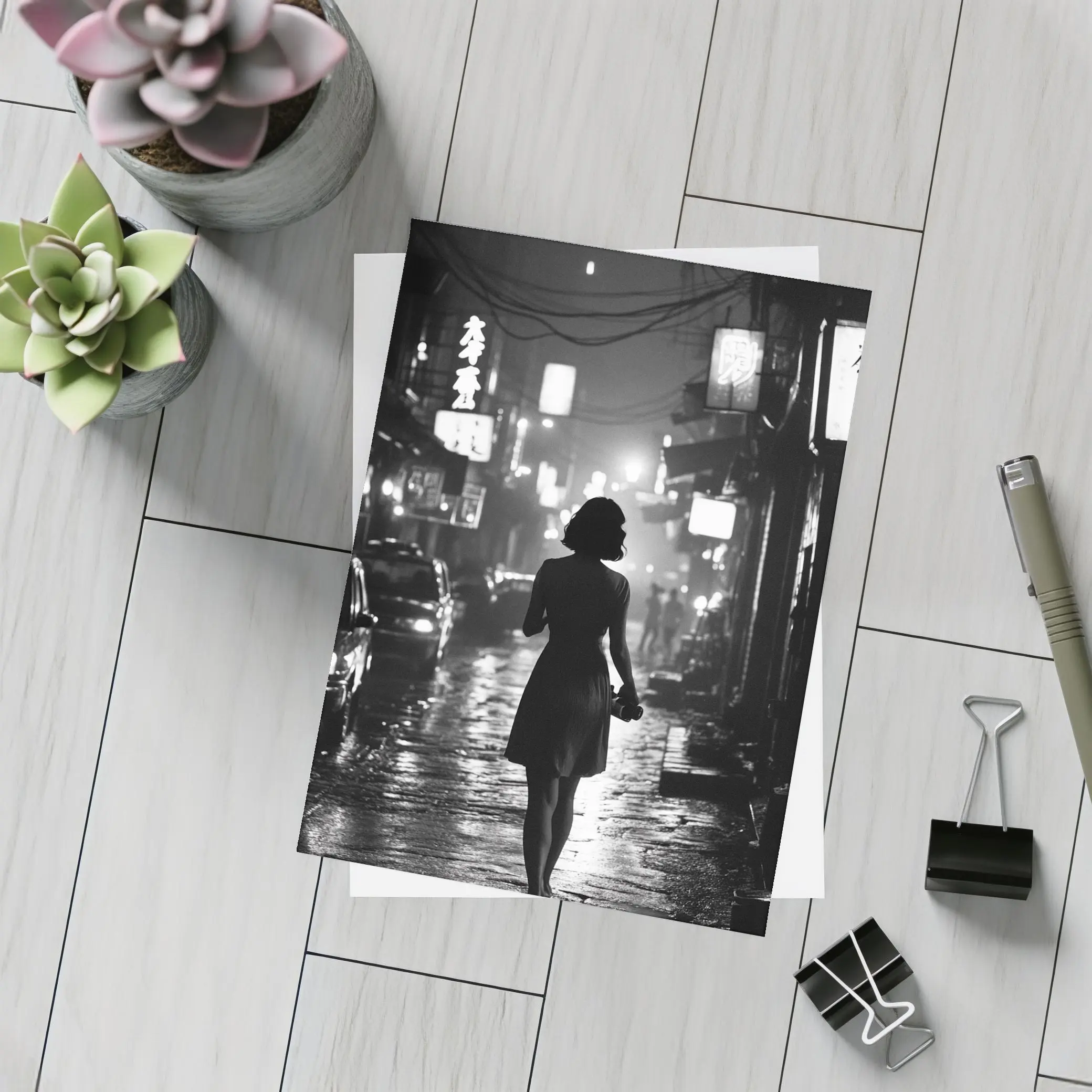 Woman Silhouette Rainy Asian City Night Street – Postcards