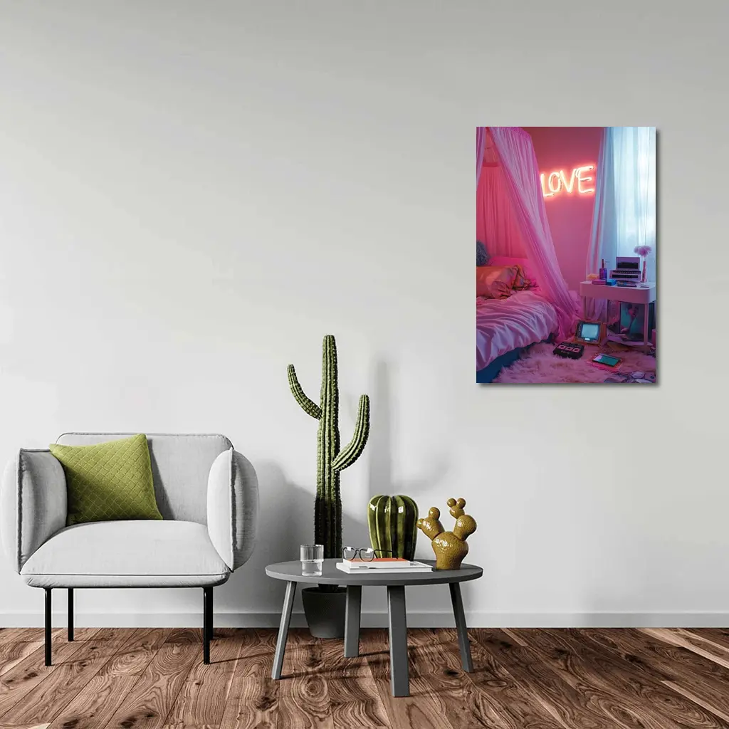 Neon Love Sign Pink Bedroom Interior – Wall Art