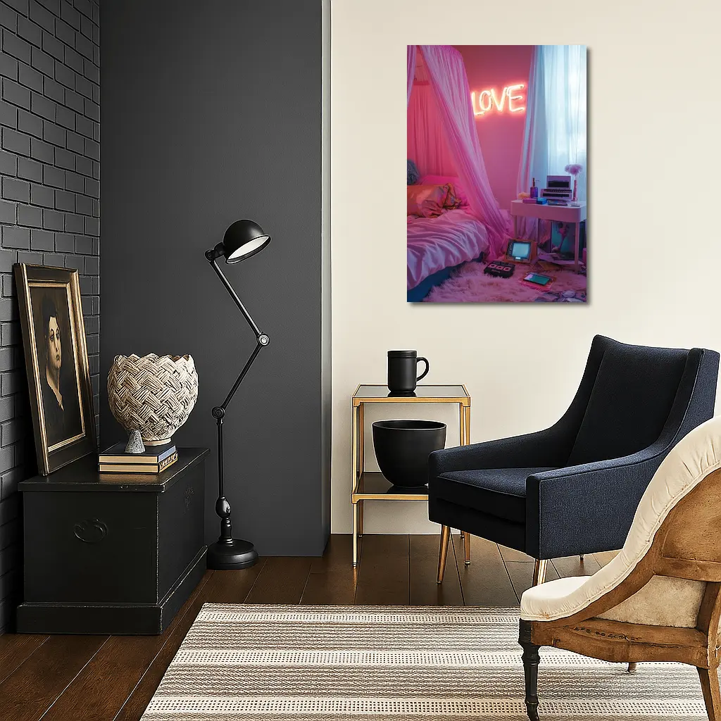 Neon Love Sign Pink Bedroom Interior – Wall Art