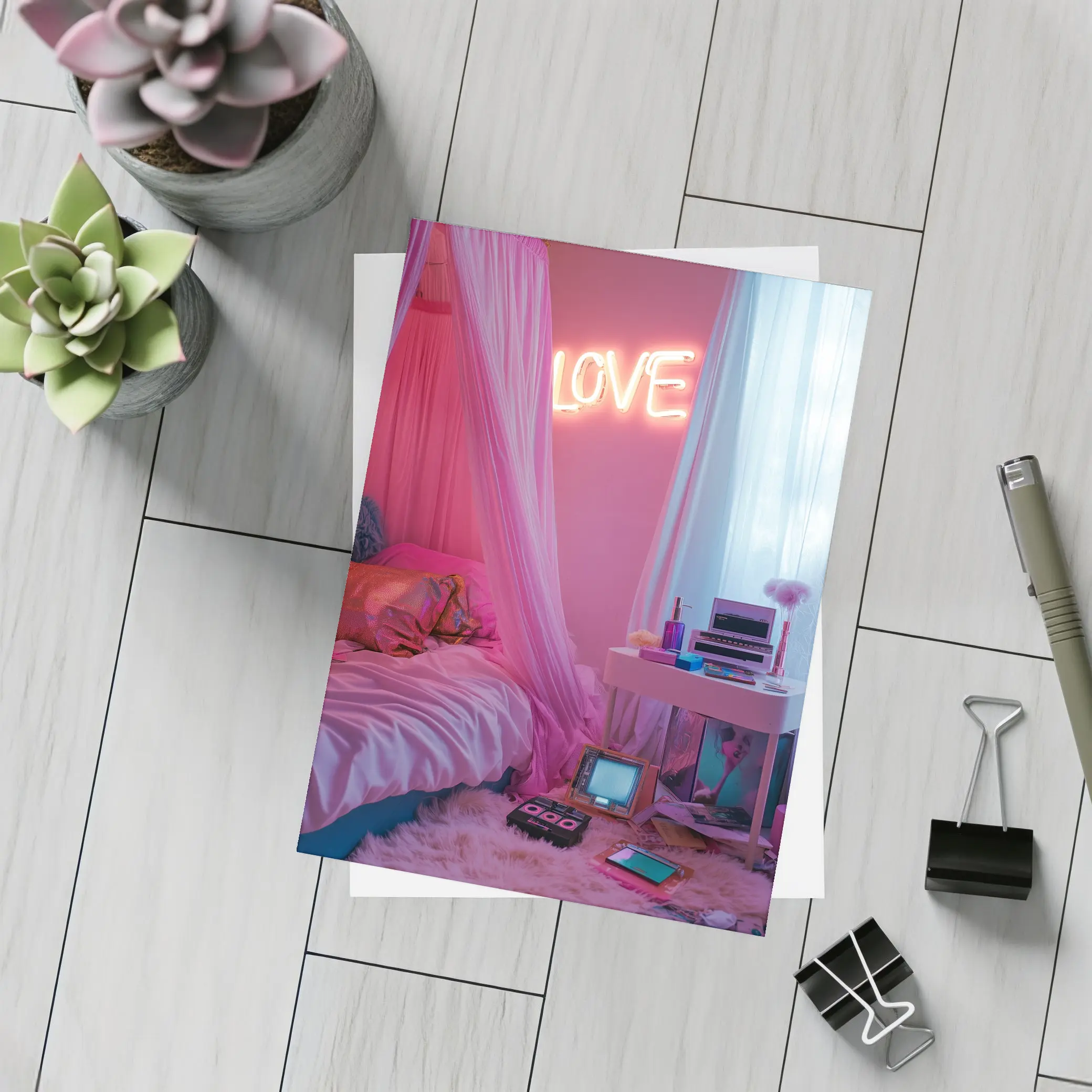 Neon Love Sign Pink Bedroom Interior – Postcards