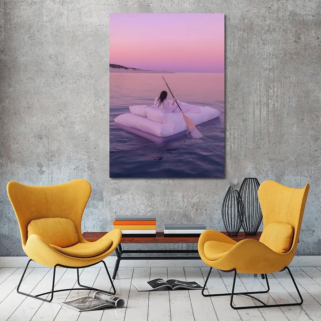 Woman Floating on Raft at Pink Sunset – Wall Art