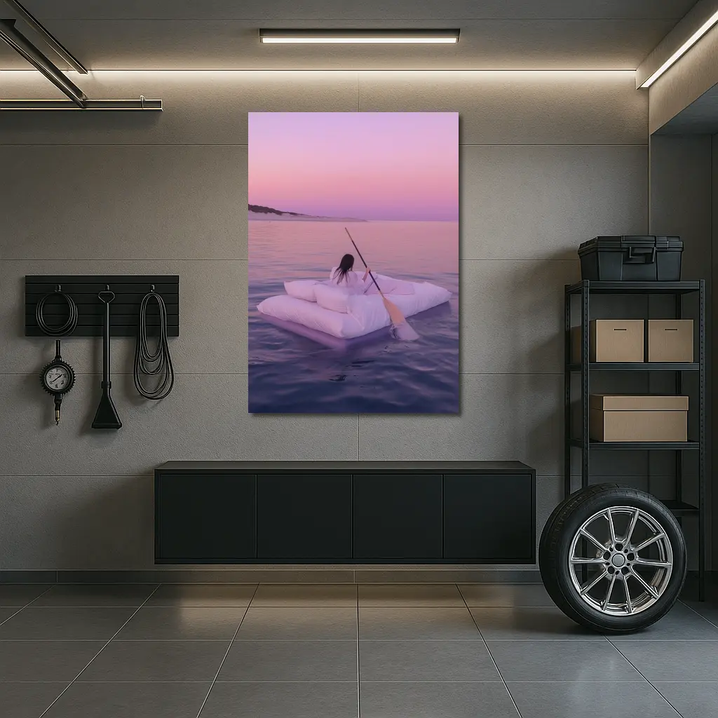 Woman Floating on Raft at Pink Sunset – Wall Art