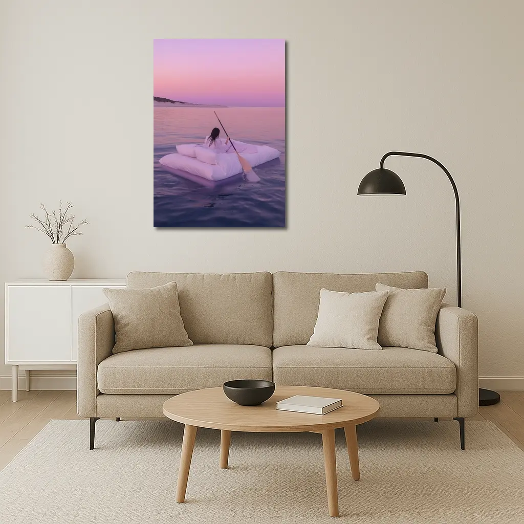 Woman Floating on Raft at Pink Sunset – Wall Art