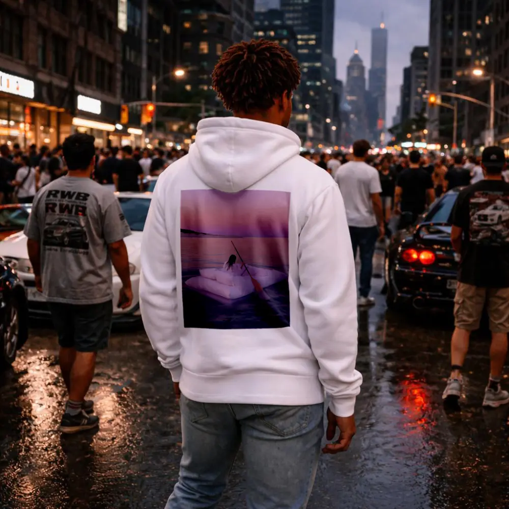 Woman Floating on Raft at Pink Sunset – Hoodies